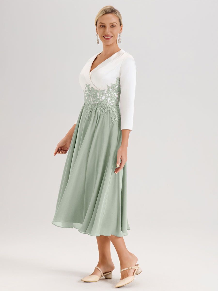 Cicinia Celadon Robe De Mère De La Mariée Mi-Longue À Décolleté En V En Satin Mousseline Et Dentelle