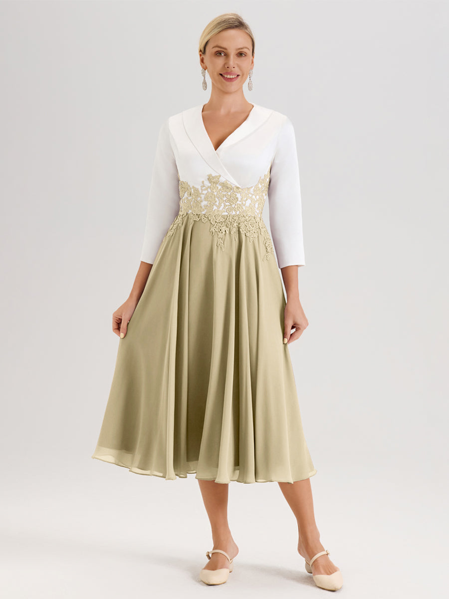 Cicinia Champagne Robe De Mère De La Mariée Mi-Longue À Décolleté En V En Satin Mousseline Et Dentelle