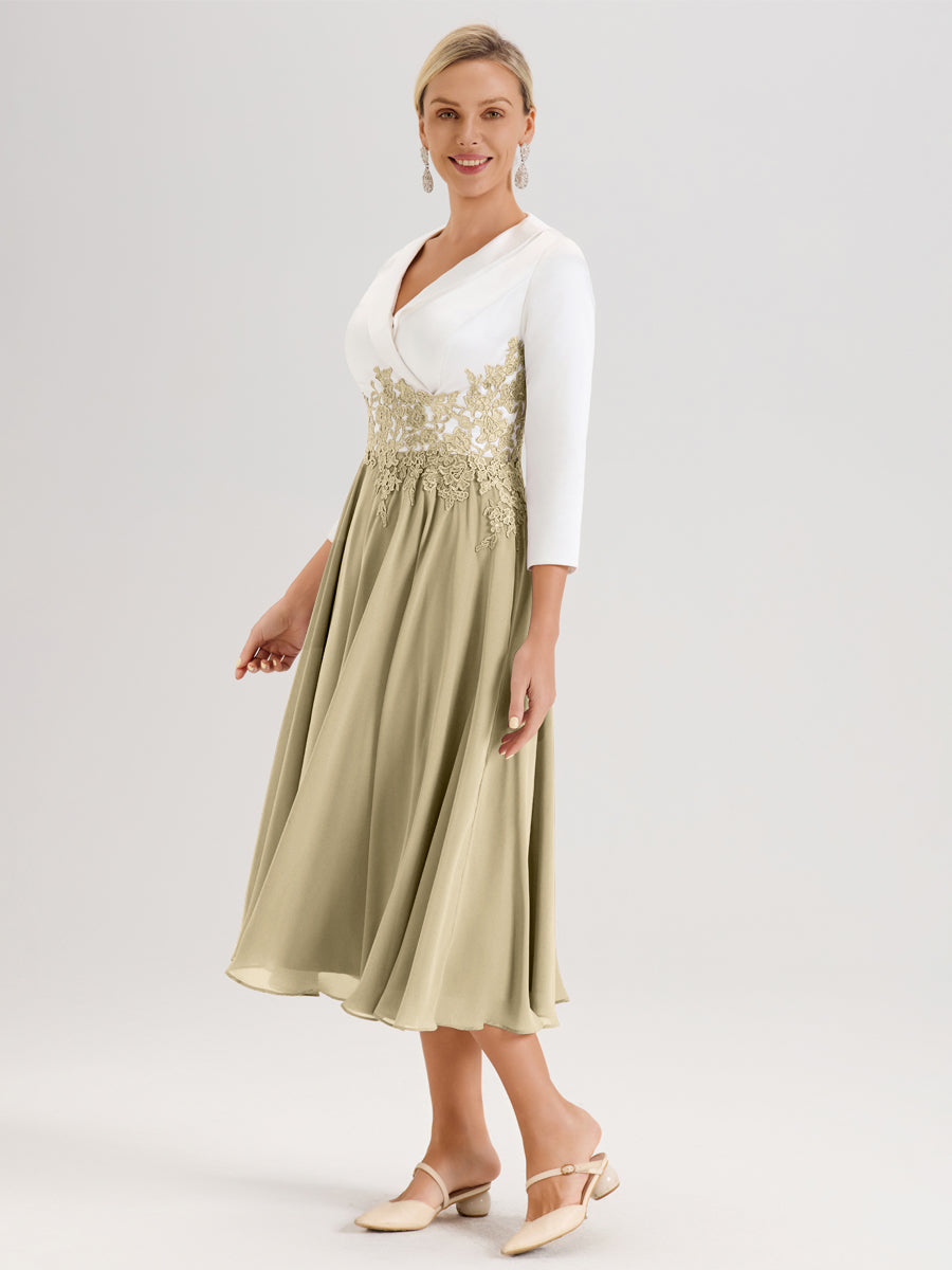 Cicinia Champagne Robe De Mère De La Mariée Mi-Longue À Décolleté En V En Satin Mousseline Et Dentelle