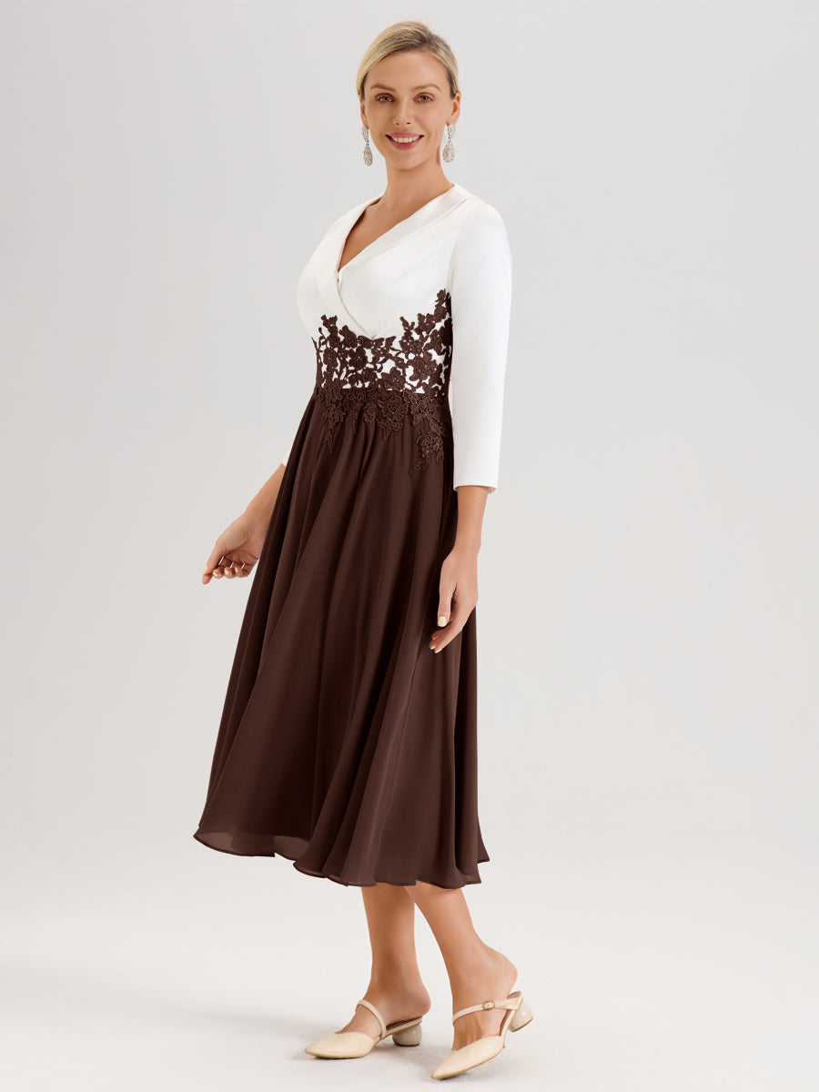Cicinia Chocolat Robe De Mère De La Mariée Mi-Longue À Décolleté En V En Satin Mousseline Et Dentelle