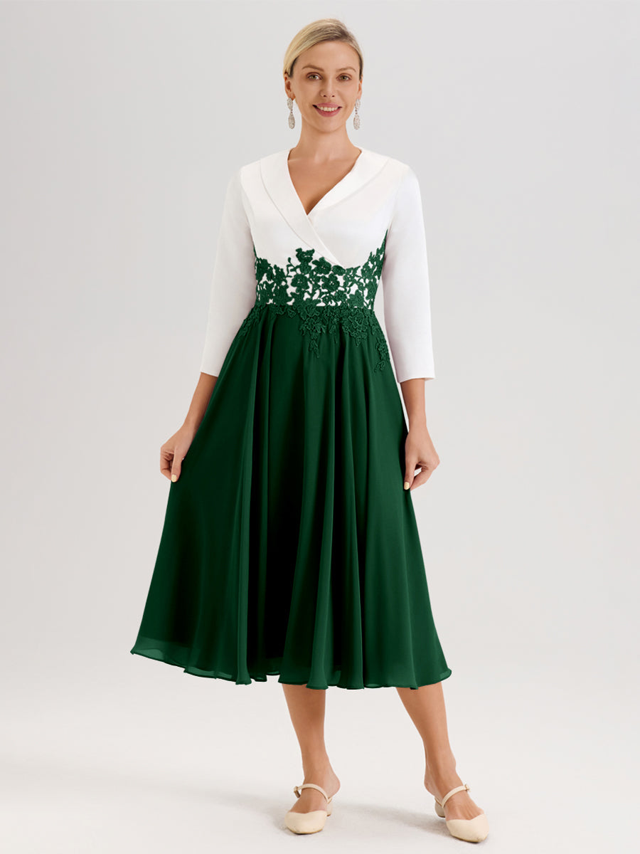 Cicinia Vert Foncé Robe De Mère De La Mariée Mi-Longue À Décolleté En V En Satin Mousseline Et Dentelle
