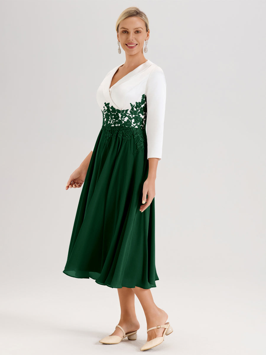 Cicinia Vert Foncé Robe De Mère De La Mariée Mi-Longue À Décolleté En V En Satin Mousseline Et Dentelle