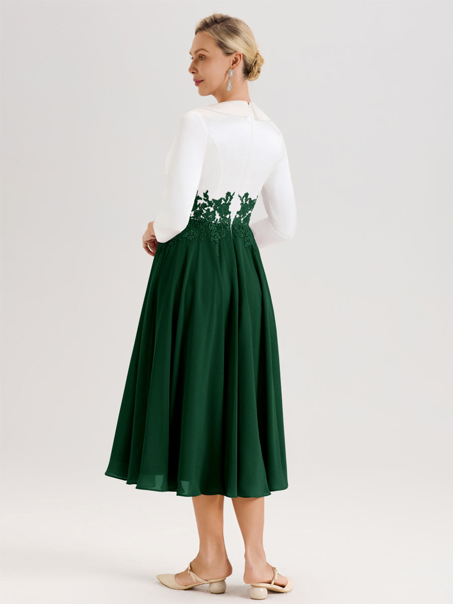 Cicinia Vert Foncé Robe De Mère De La Mariée Mi-Longue À Décolleté En V En Satin Mousseline Et Dentelle
