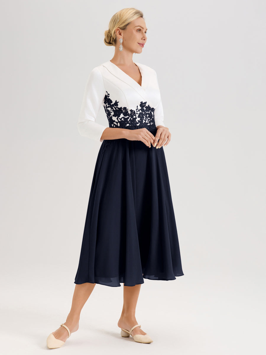Cicinia Bleu Marine Robe De Mère De La Mariée Mi-Longue À Décolleté En V En Satin Mousseline Et Dentelle