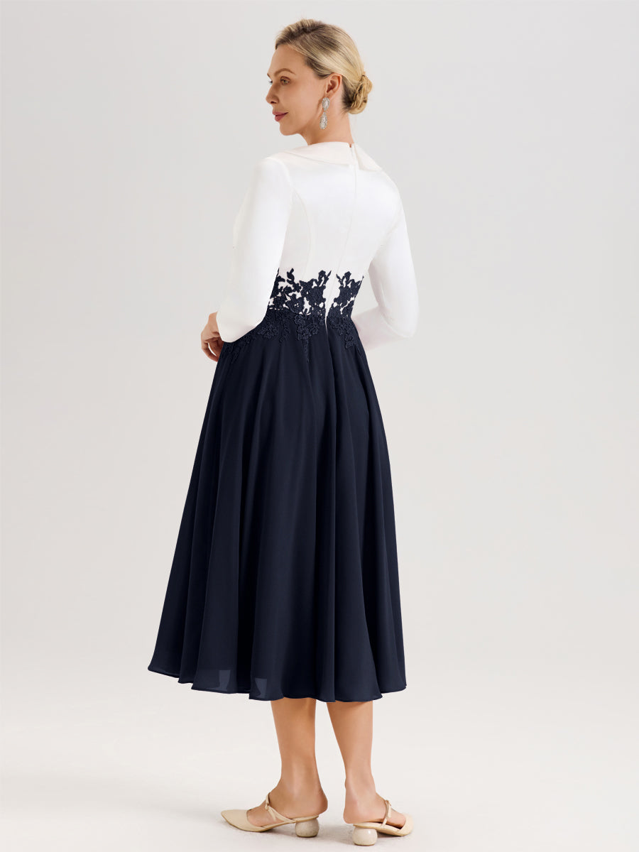 Cicinia Bleu Marine Robe De Mère De La Mariée Mi-Longue À Décolleté En V En Satin Mousseline Et Dentelle