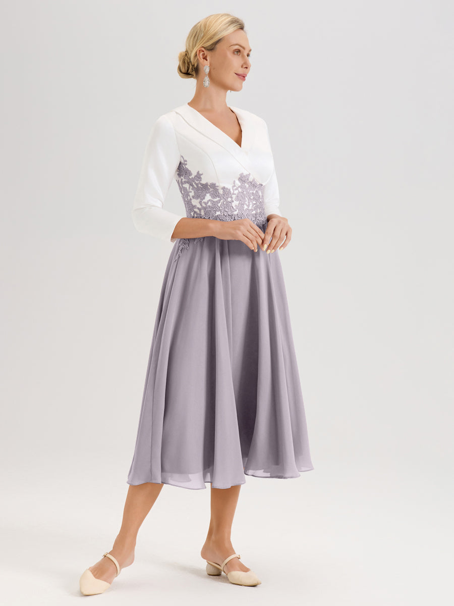 Cicinia Crépuscule Robe De Mère De La Mariée Mi-Longue À Décolleté En V En Satin Mousseline Et Dentelle