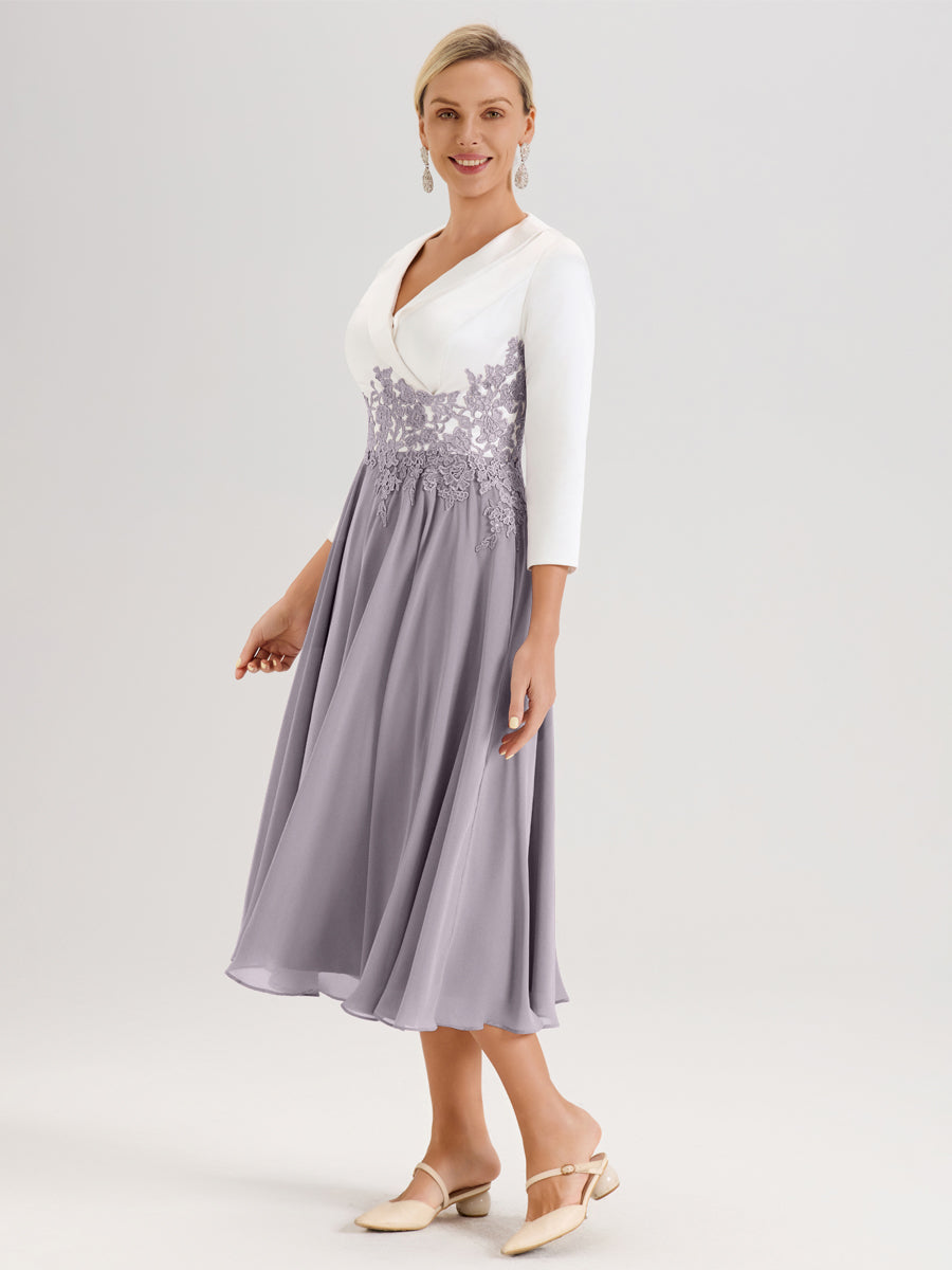 Cicinia Crépuscule Robe De Mère De La Mariée Mi-Longue À Décolleté En V En Satin Mousseline Et Dentelle