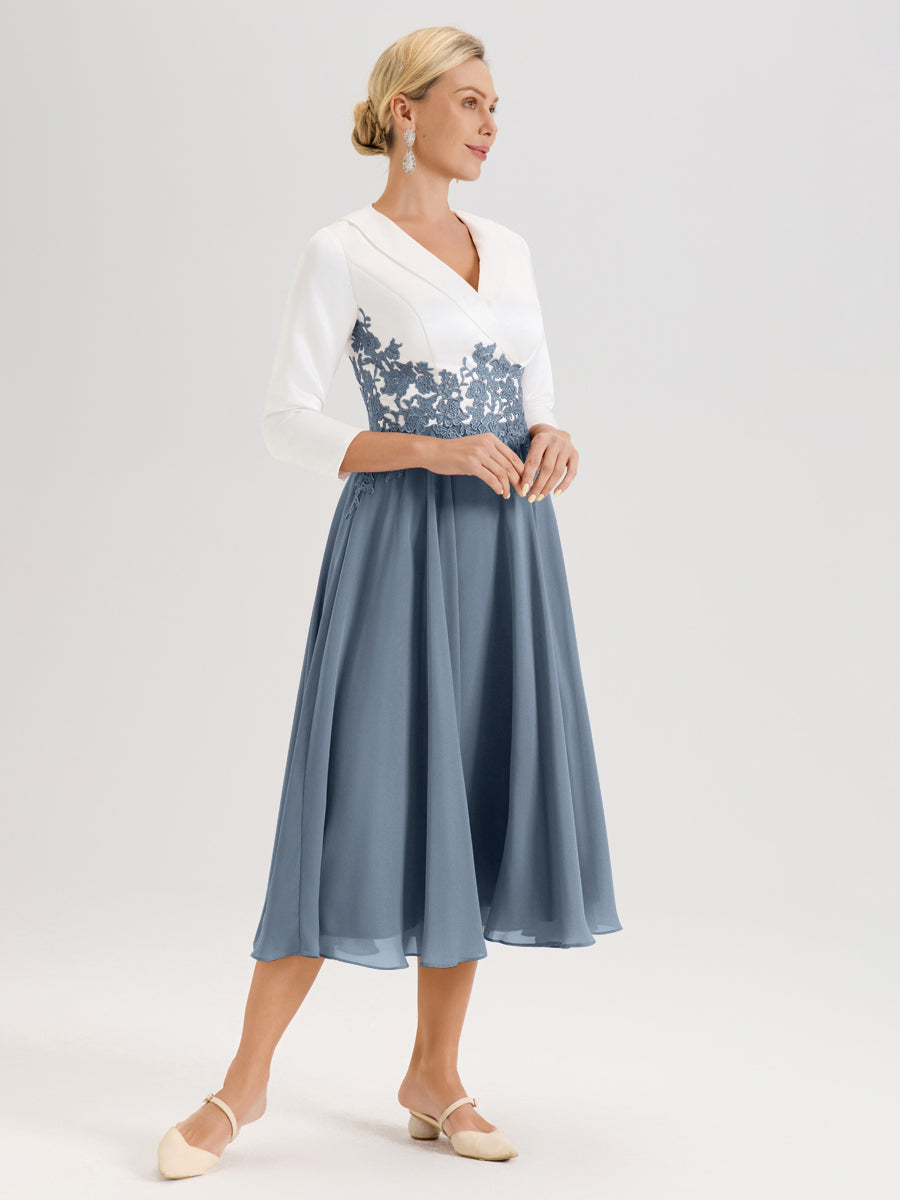 Cicinia Bleu Poudré Robe De Mère De La Mariée Mi-Longue À Décolleté En V En Satin Mousseline Et Dentelle