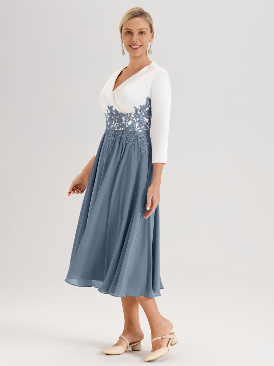 Cicinia Bleu Poudré Robe De Mère De La Mariée Mi-Longue À Décolleté En V En Satin Mousseline Et Dentelle