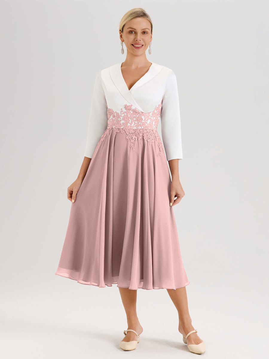 Cicinia Rose Poudré Robe De Mère De La Mariée Mi-Longue À Décolleté En V En Satin Mousseline Et Dentelle
