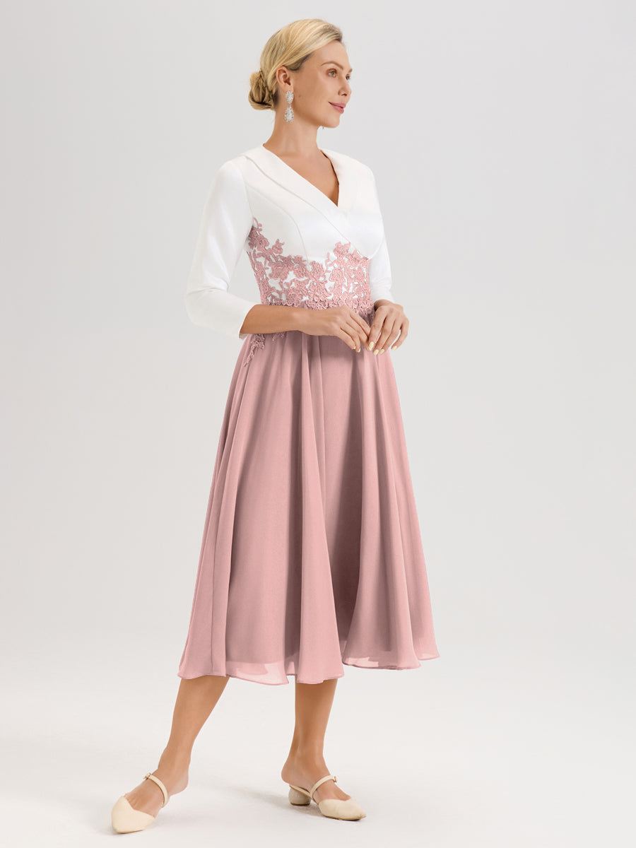 Cicinia Rose Poudré Robe De Mère De La Mariée Mi-Longue À Décolleté En V En Satin Mousseline Et Dentelle