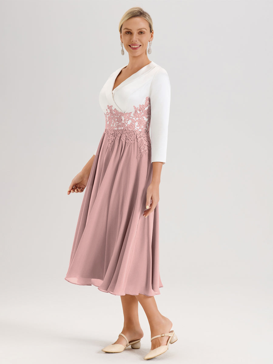 Cicinia Rose Poudré Robe De Mère De La Mariée Mi-Longue À Décolleté En V En Satin Mousseline Et Dentelle