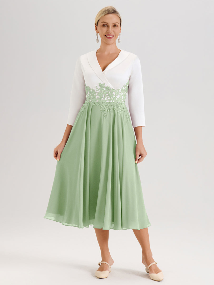 Cicinia Sauge Poudrée Robe De Mère De La Mariée Mi-Longue À Décolleté En V En Satin Mousseline Et Dentelle
