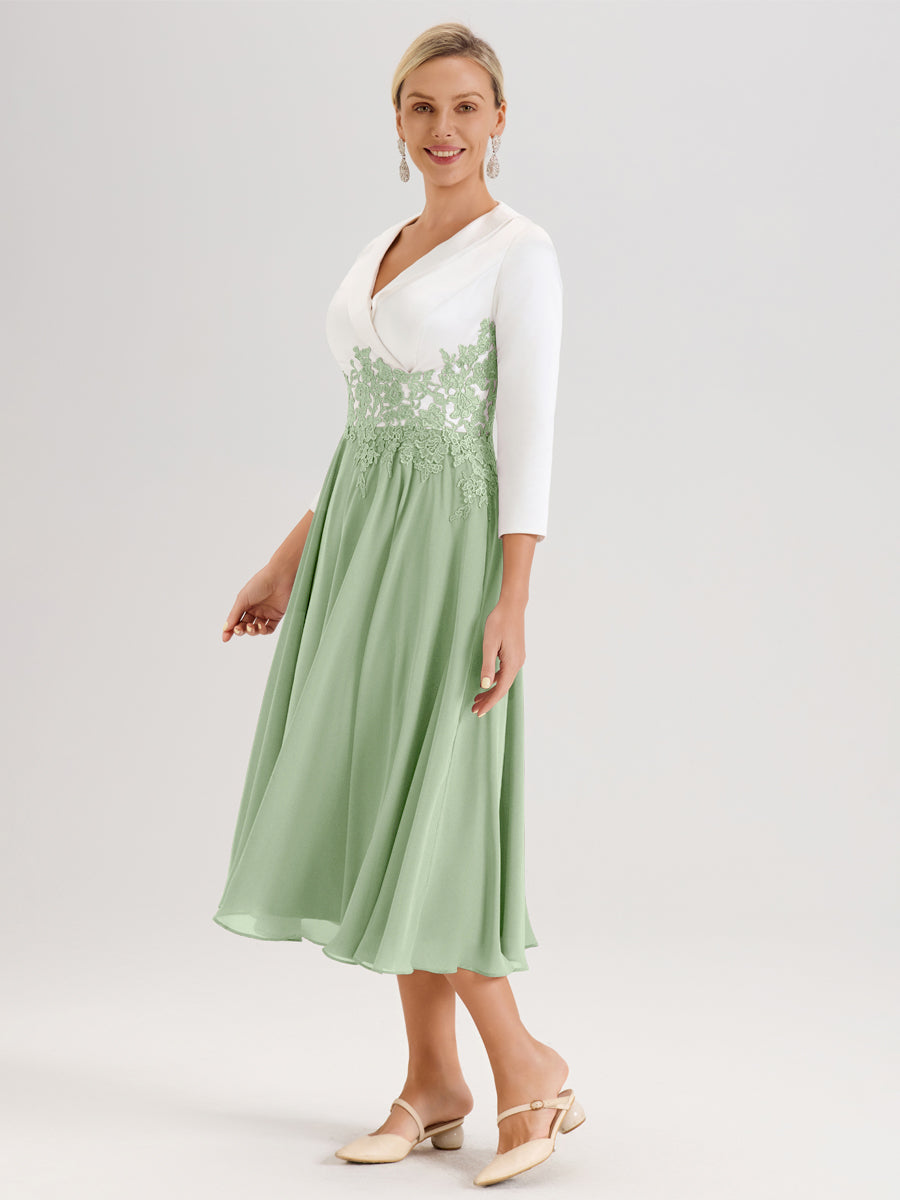 Cicinia Sauge Poudrée Robe De Mère De La Mariée Mi-Longue À Décolleté En V En Satin Mousseline Et Dentelle