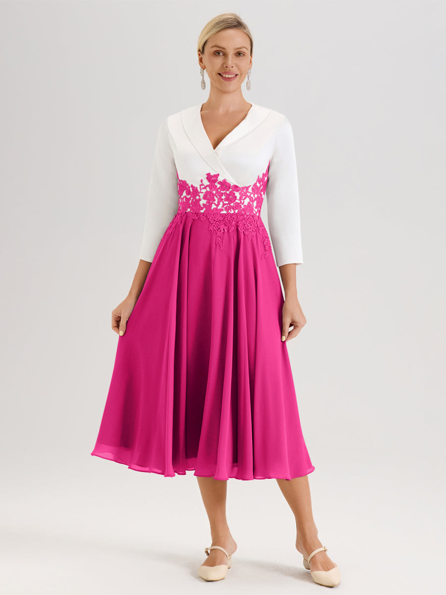 Cicinia Fuchsia Robe De Mère De La Mariée Mi-Longue À Décolleté En V En Satin Mousseline Et Dentelle