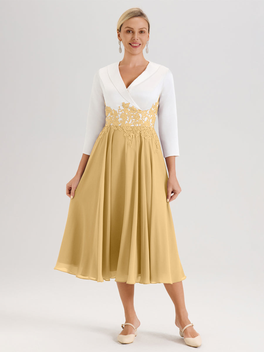 Cicinia Or Robe De Mère De La Mariée Mi-Longue À Décolleté En V En Satin Mousseline Et Dentelle