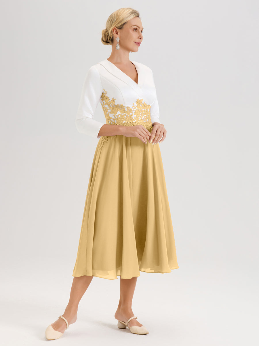 Cicinia Or Robe De Mère De La Mariée Mi-Longue À Décolleté En V En Satin Mousseline Et Dentelle