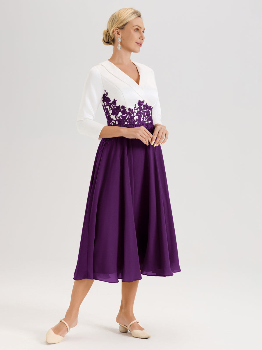 Cicinia Raisin Robe De Mère De La Mariée Mi-Longue À Décolleté En V En Satin Mousseline Et Dentelle