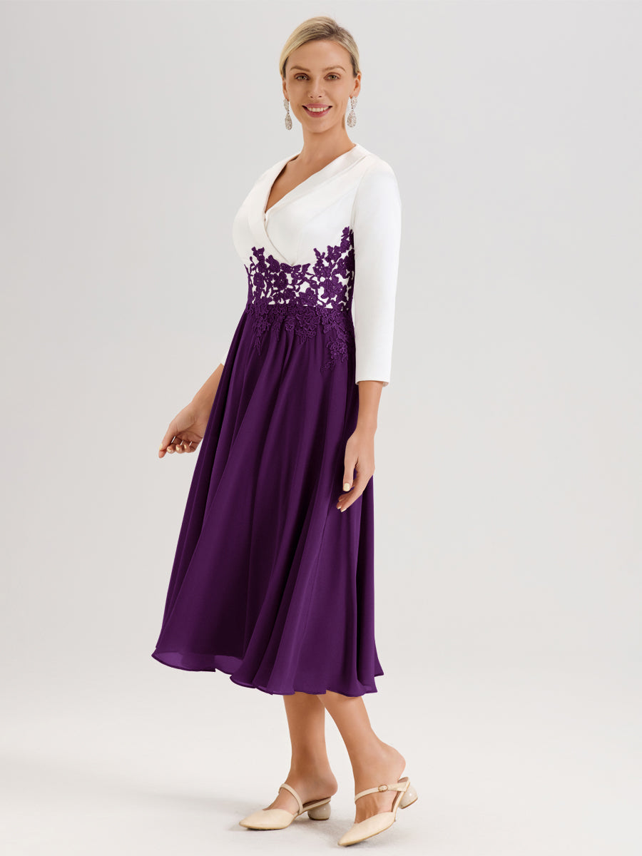 Cicinia Raisin Robe De Mère De La Mariée Mi-Longue À Décolleté En V En Satin Mousseline Et Dentelle