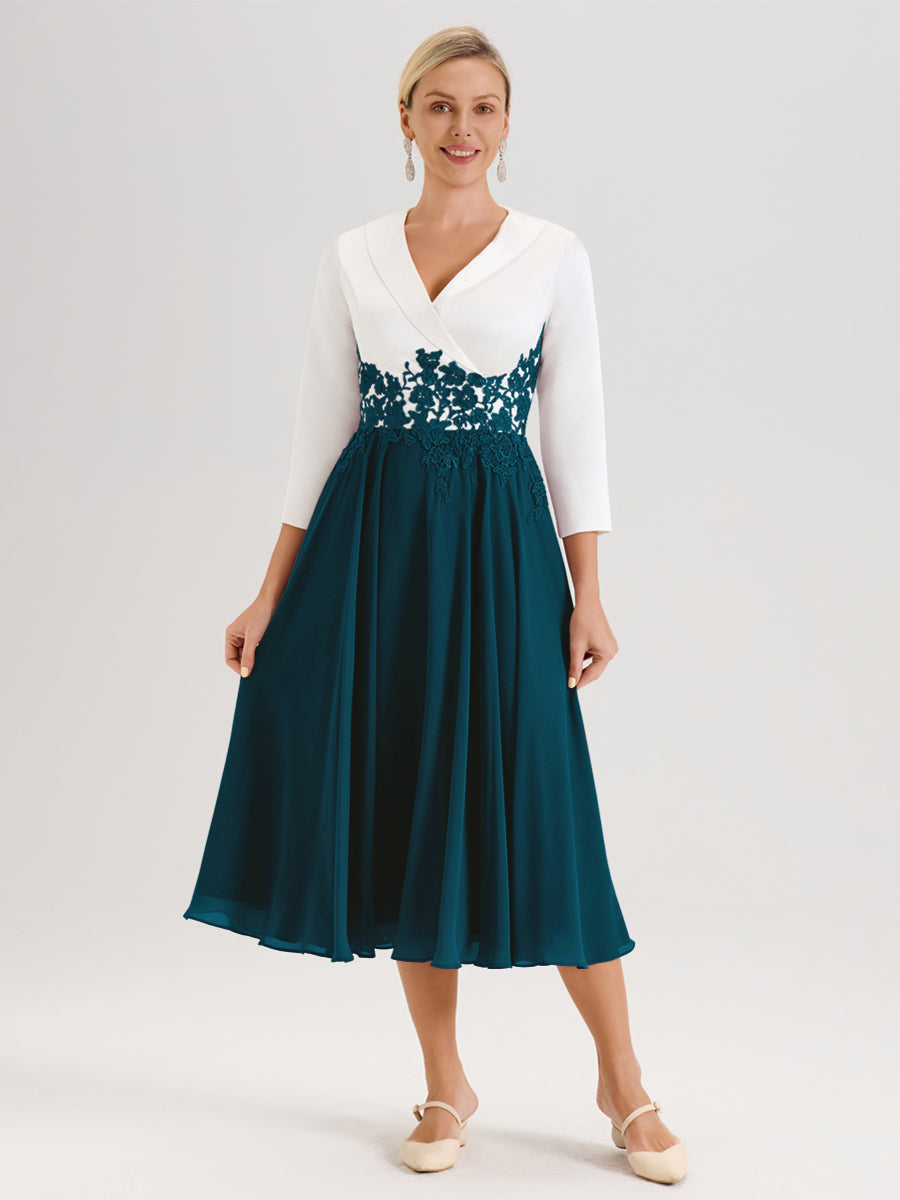 Cicinia Bleu Encre Robe De Mère De La Mariée Mi-Longue À Décolleté En V En Satin Mousseline Et Dentelle