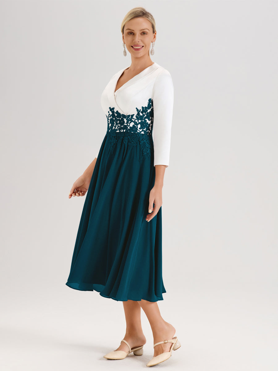 Cicinia Bleu Encre Robe De Mère De La Mariée Mi-Longue À Décolleté En V En Satin Mousseline Et Dentelle