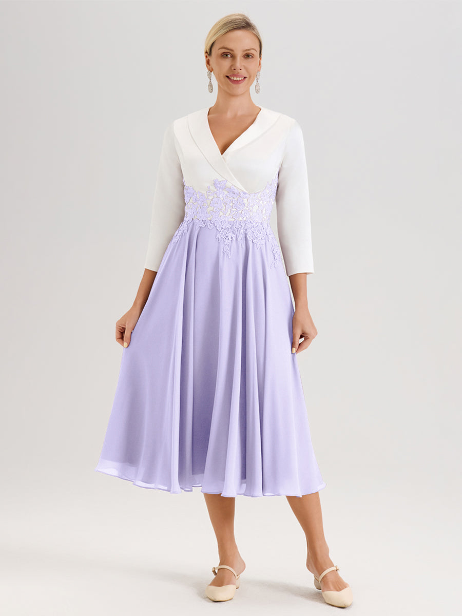 Cicinia Lilas Robe De Mère De La Mariée Mi-Longue À Décolleté En V En Satin Mousseline Et Dentelle