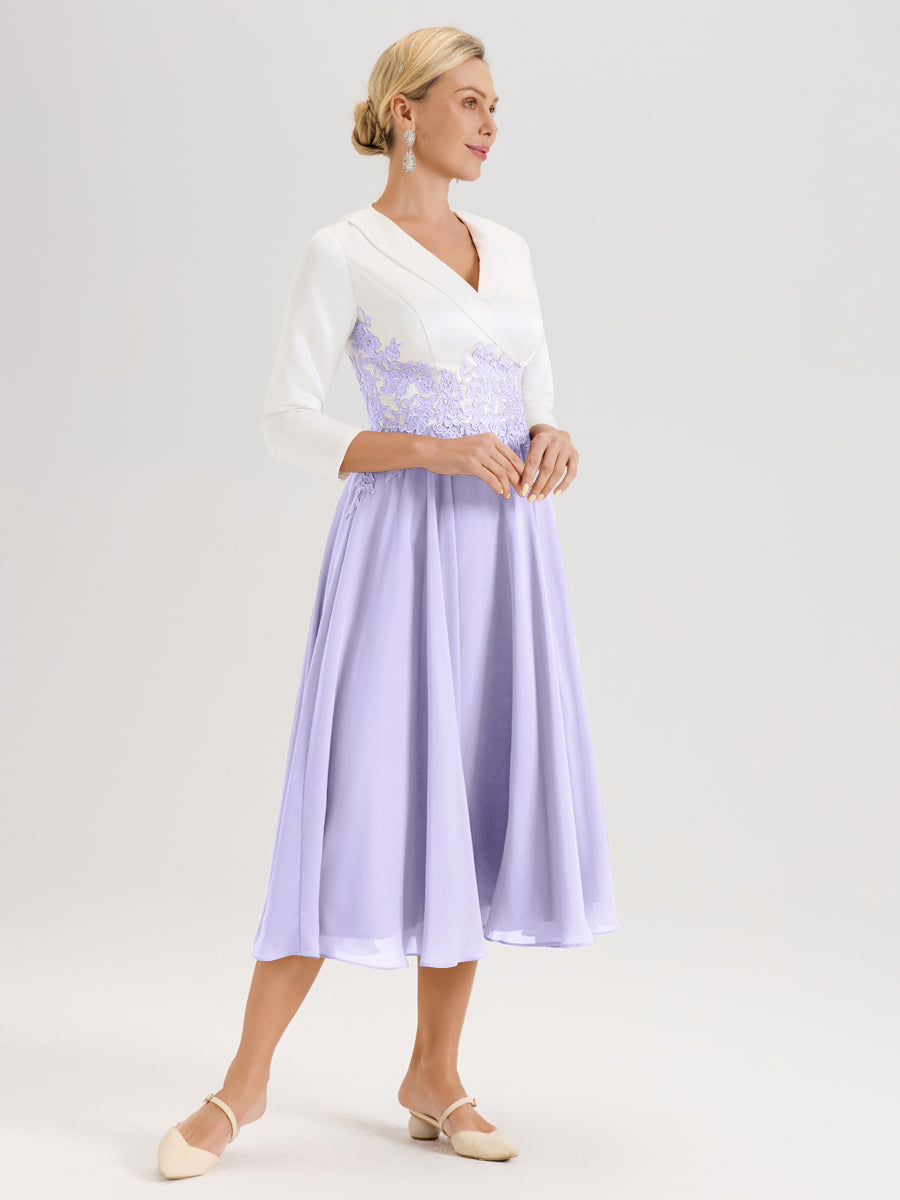 Cicinia Lilas Robe De Mère De La Mariée Mi-Longue À Décolleté En V En Satin Mousseline Et Dentelle