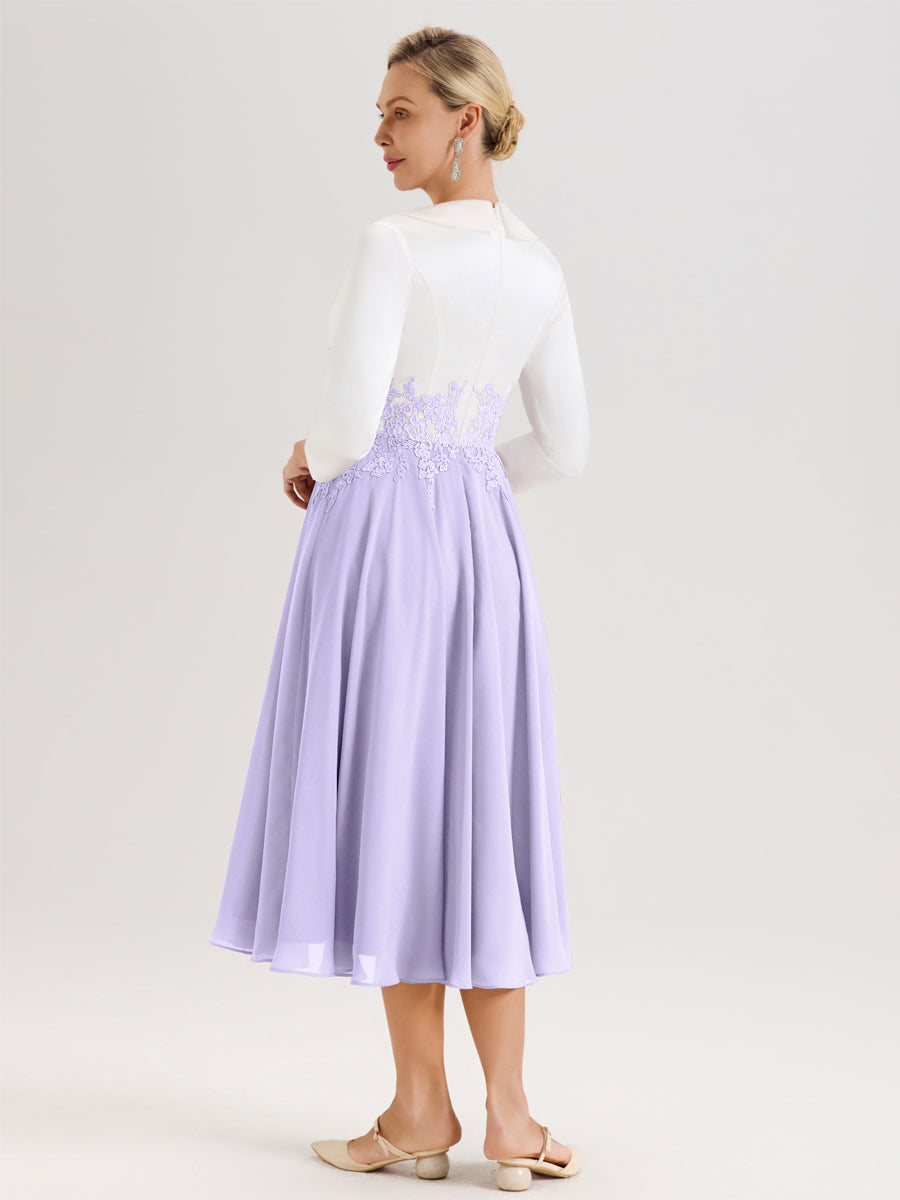 Cicinia Lilas Robe De Mère De La Mariée Mi-Longue À Décolleté En V En Satin Mousseline Et Dentelle