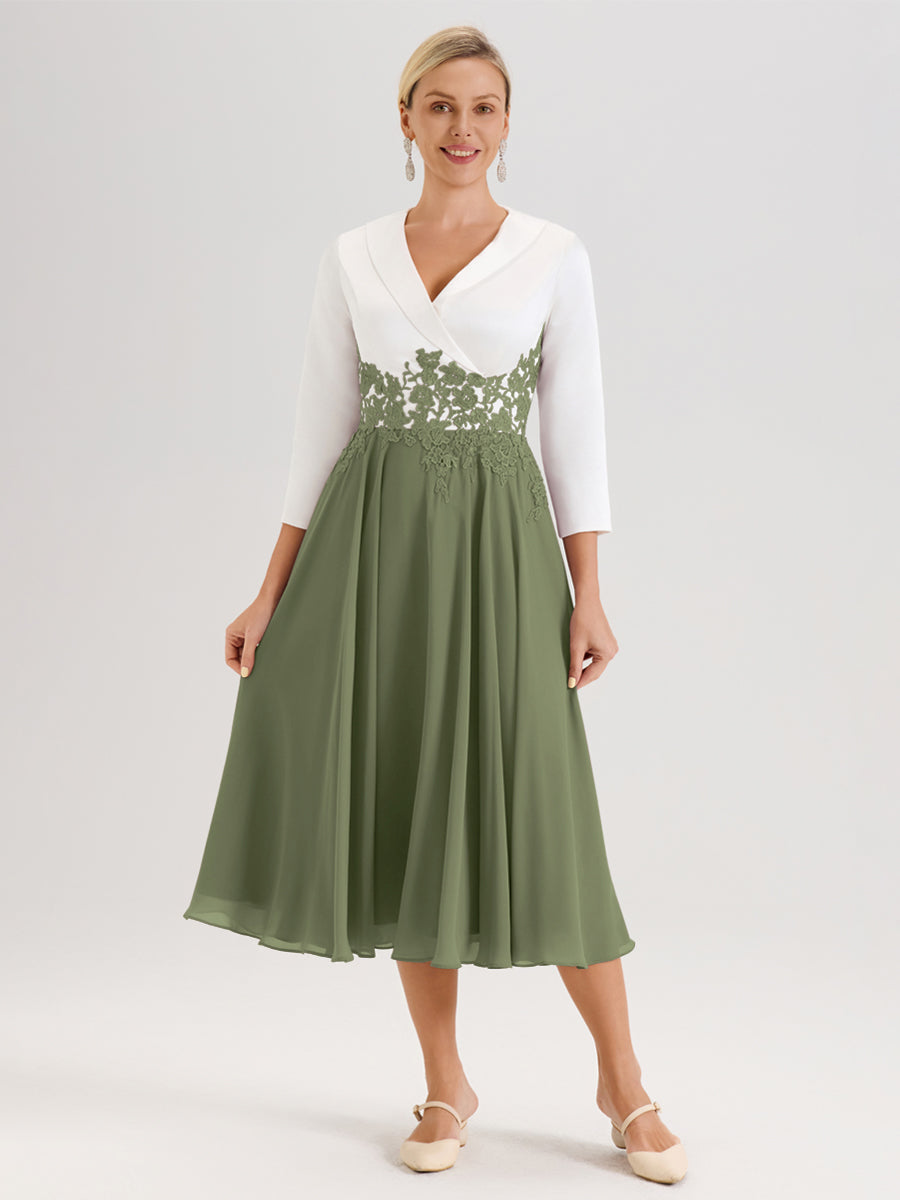 Cicinia Vert Olive Robe De Mère De La Mariée Mi-Longue À Décolleté En V En Satin Mousseline Et Dentelle