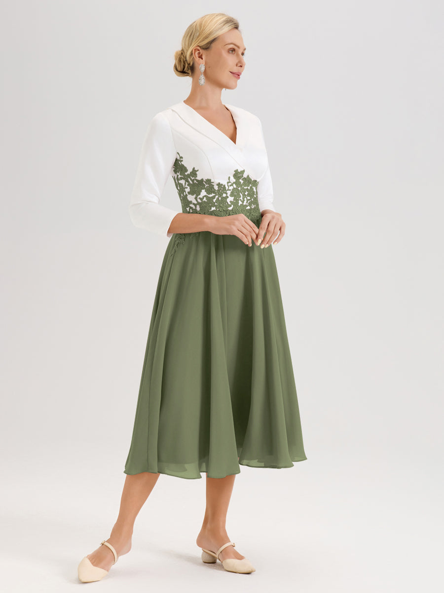 Cicinia Vert Olive Robe De Mère De La Mariée Mi-Longue À Décolleté En V En Satin Mousseline Et Dentelle