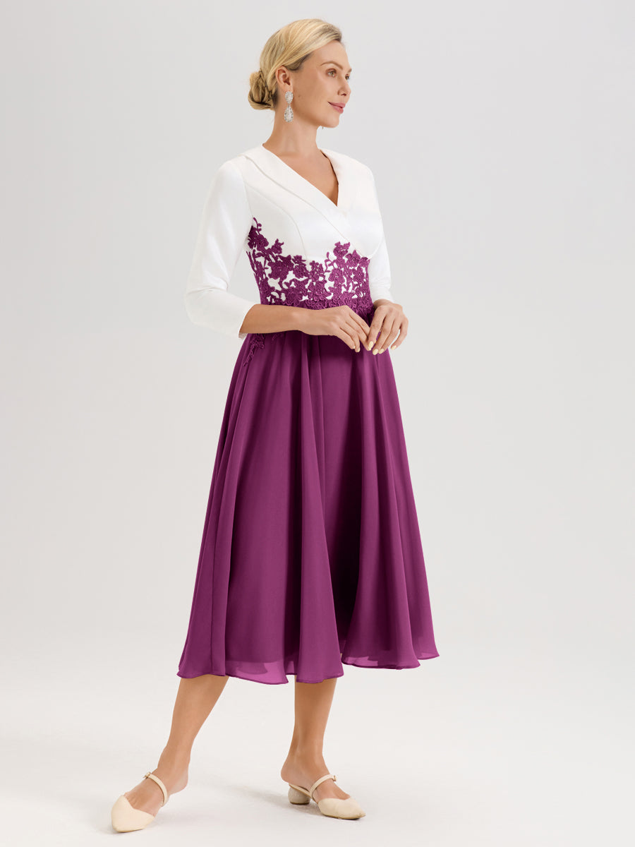 Cicinia Orchidée Robe De Mère De La Mariée Mi-Longue À Décolleté En V En Satin Mousseline Et Dentelle