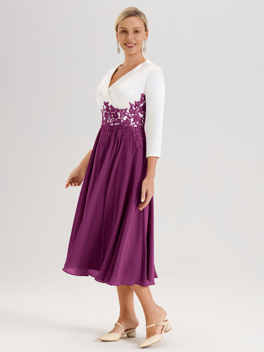 Cicinia Orchidée Robe De Mère De La Mariée Mi-Longue À Décolleté En V En Satin Mousseline Et Dentelle