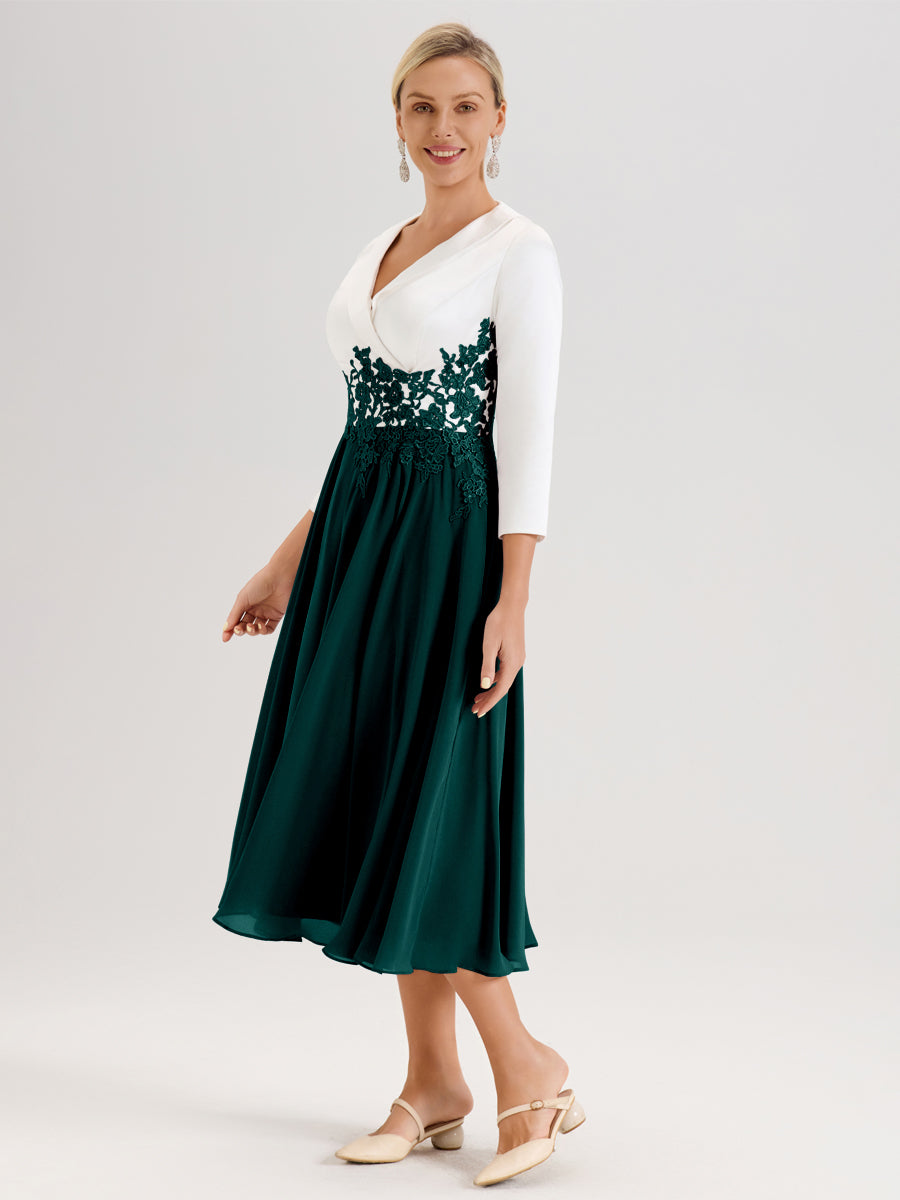 Cicinia Paon Robe De Mère De La Mariée Mi-Longue À Décolleté En V En Satin Mousseline Et Dentelle