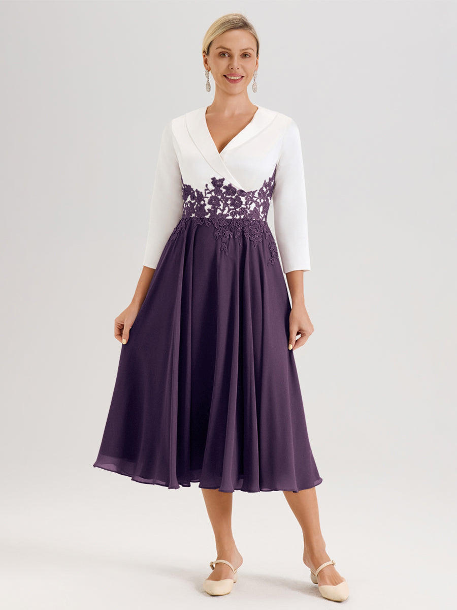 Cicinia Plum Robe De Mère De La Mariée Mi-Longue À Décolleté En V En Satin Mousseline Et Dentelle