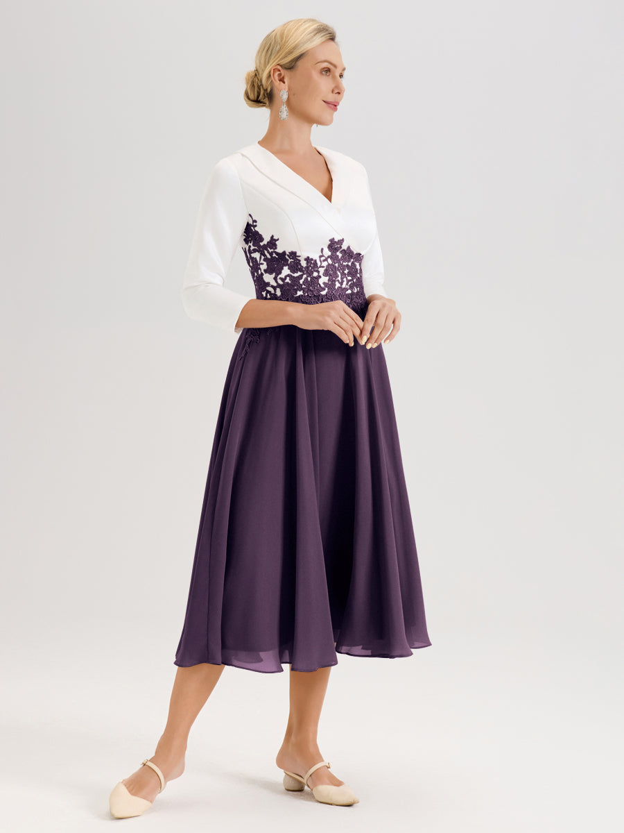 Cicinia Plum Robe De Mère De La Mariée Mi-Longue À Décolleté En V En Satin Mousseline Et Dentelle