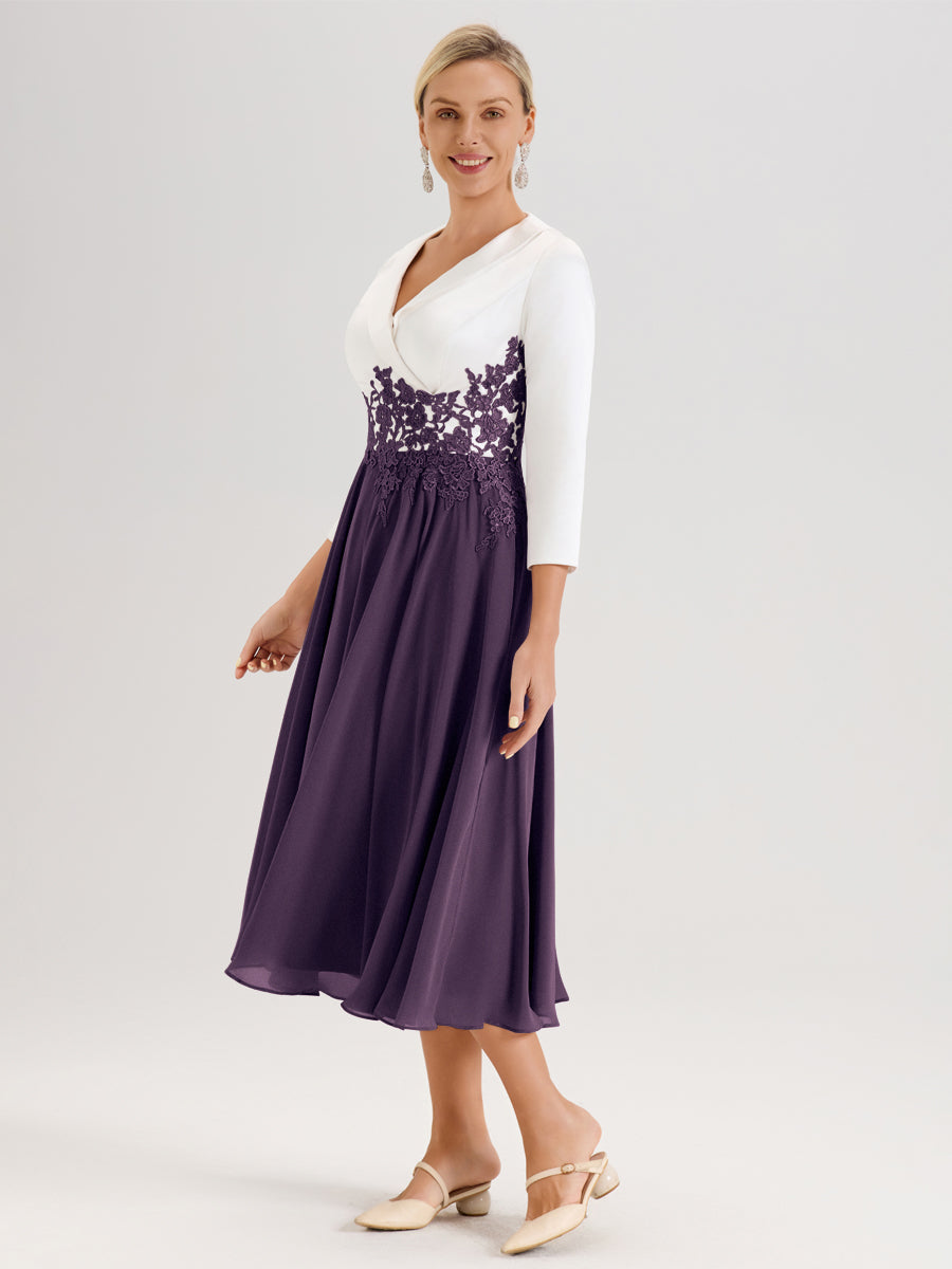Cicinia Plum Robe De Mère De La Mariée Mi-Longue À Décolleté En V En Satin Mousseline Et Dentelle