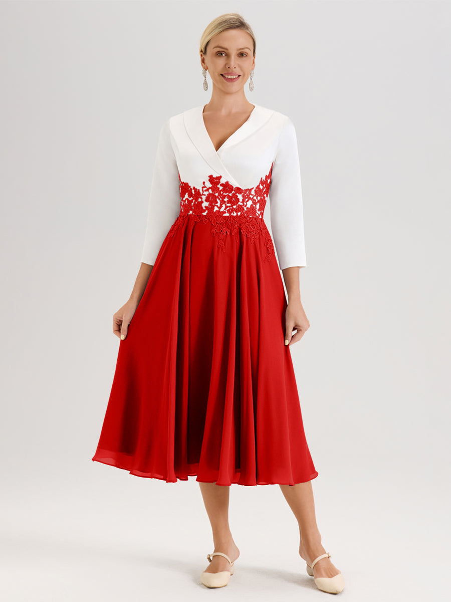 Cicinia Rouge Robe De Mère De La Mariée Mi-Longue À Décolleté En V En Satin Mousseline Et Dentelle
