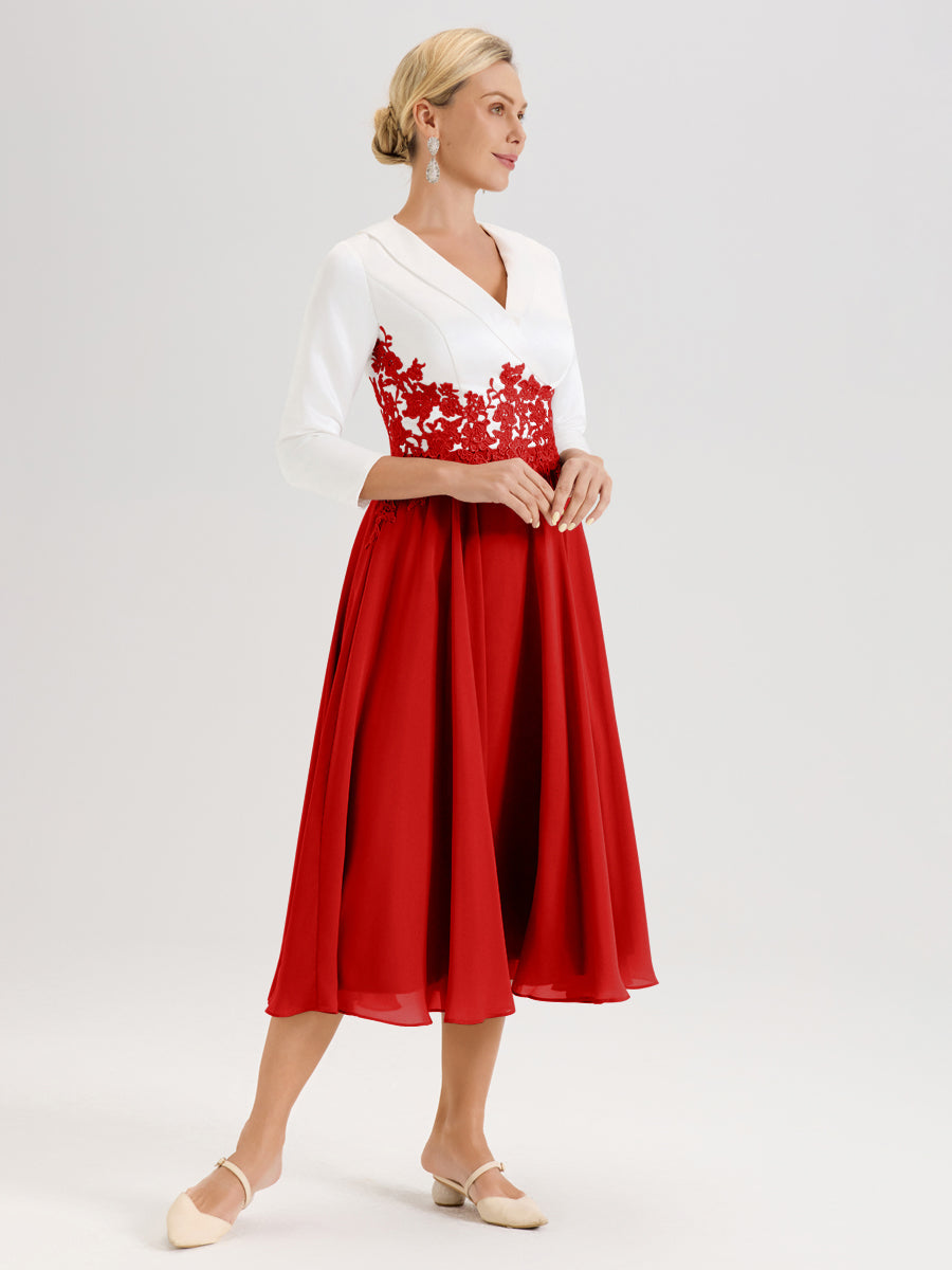 Cicinia Rouge Robe De Mère De La Mariée Mi-Longue À Décolleté En V En Satin Mousseline Et Dentelle
