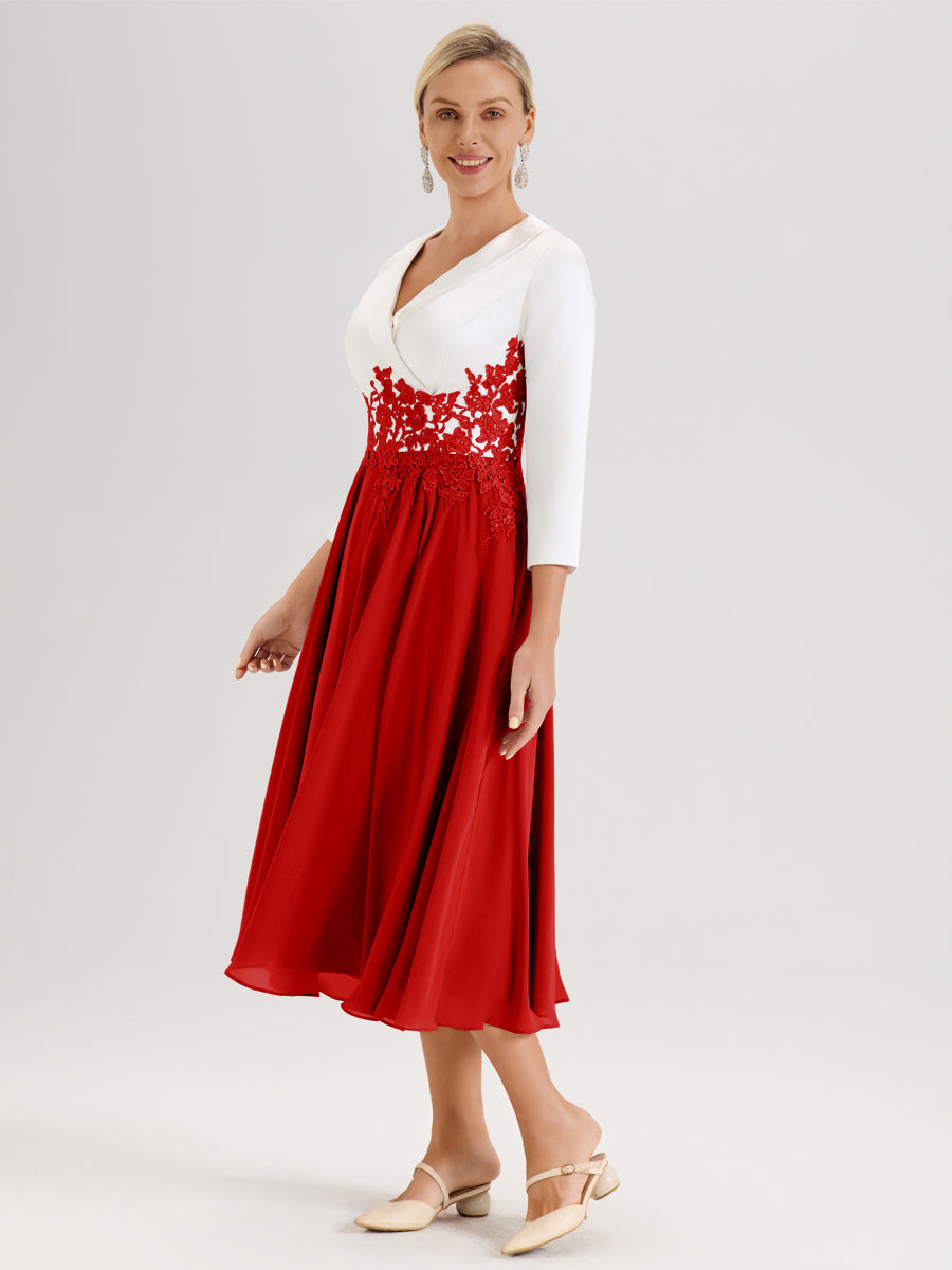 Cicinia Rouge Robe De Mère De La Mariée Mi-Longue À Décolleté En V En Satin Mousseline Et Dentelle