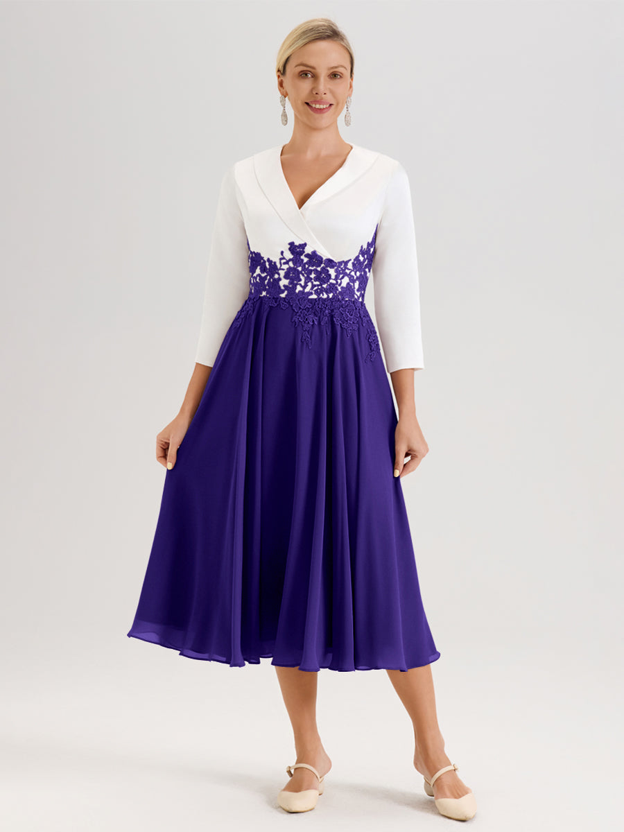 Cicinia Régence Robe De Mère De La Mariée Mi-Longue À Décolleté En V En Satin Mousseline Et Dentelle