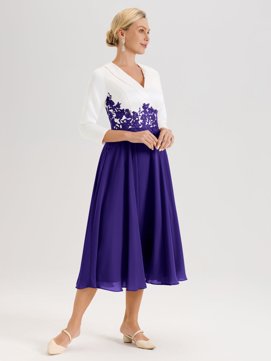 Cicinia Régence Robe De Mère De La Mariée Mi-Longue À Décolleté En V En Satin Mousseline Et Dentelle