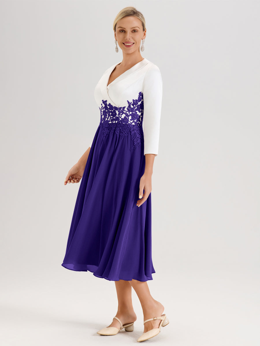 Cicinia Régence Robe De Mère De La Mariée Mi-Longue À Décolleté En V En Satin Mousseline Et Dentelle