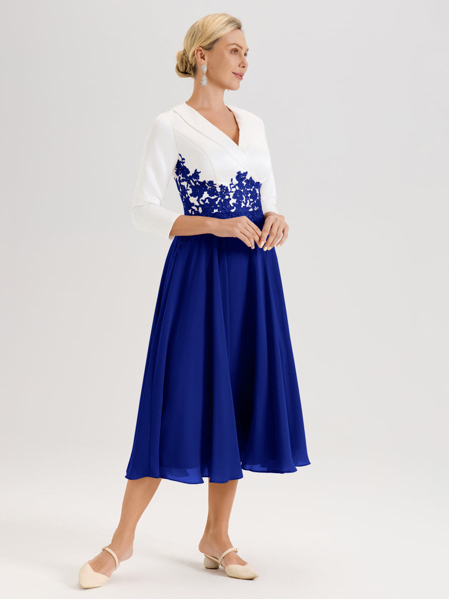 Cicinia Bleu Royale Robe De Mère De La Mariée Mi-Longue À Décolleté En V En Satin Mousseline Et Dentelle