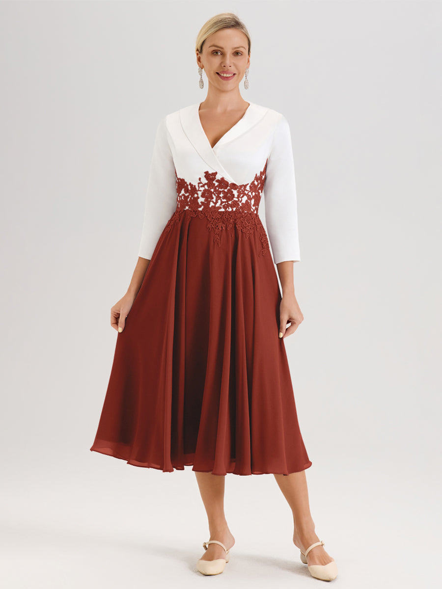 Cicinia Rouille Robe De Mère De La Mariée Mi-Longue À Décolleté En V En Satin Mousseline Et Dentelle