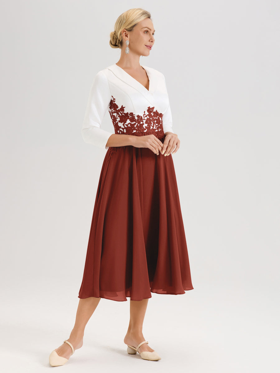 Cicinia Rouille Robe De Mère De La Mariée Mi-Longue À Décolleté En V En Satin Mousseline Et Dentelle
