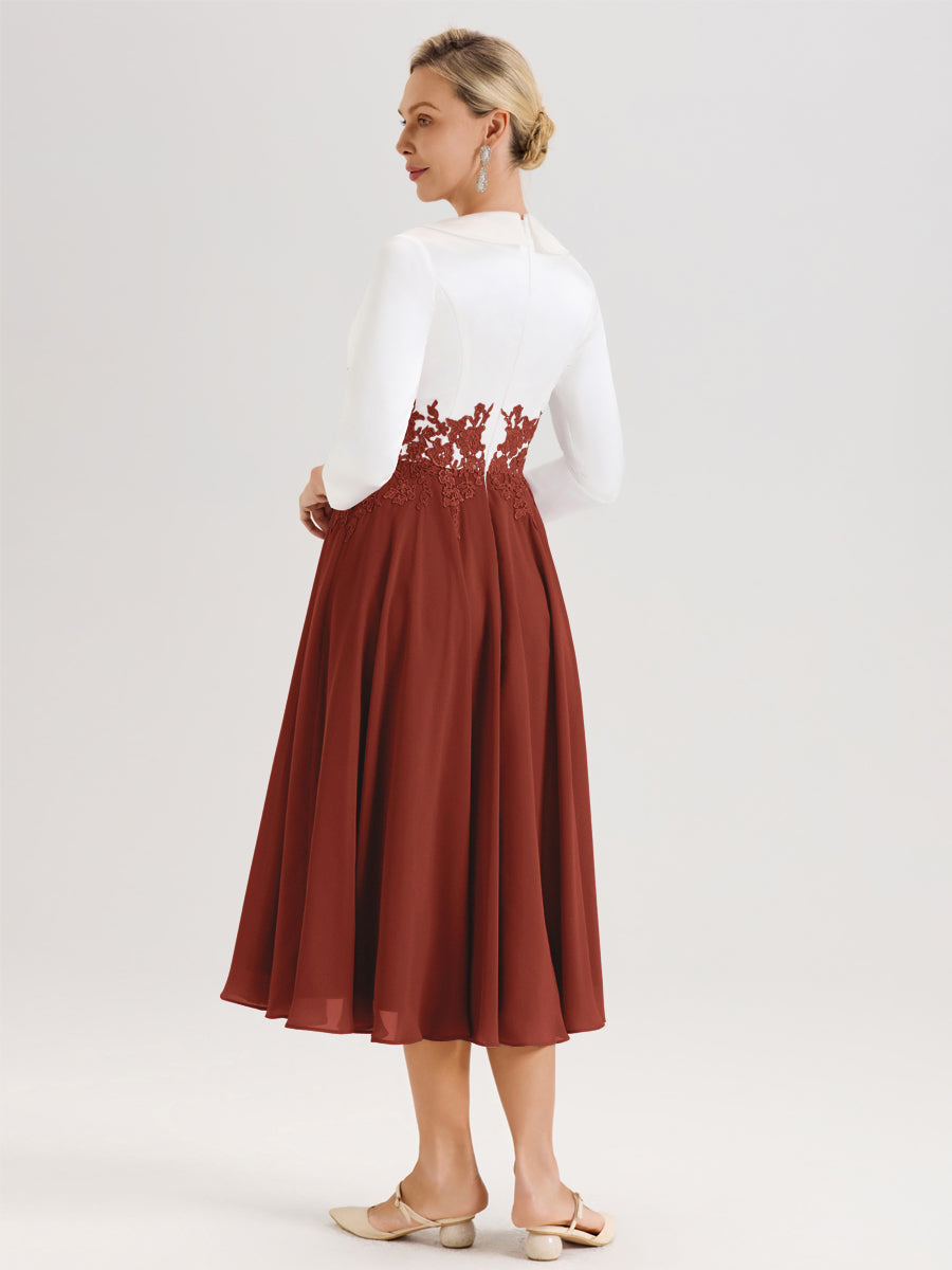 Cicinia Rouille Robe De Mère De La Mariée Mi-Longue À Décolleté En V En Satin Mousseline Et Dentelle