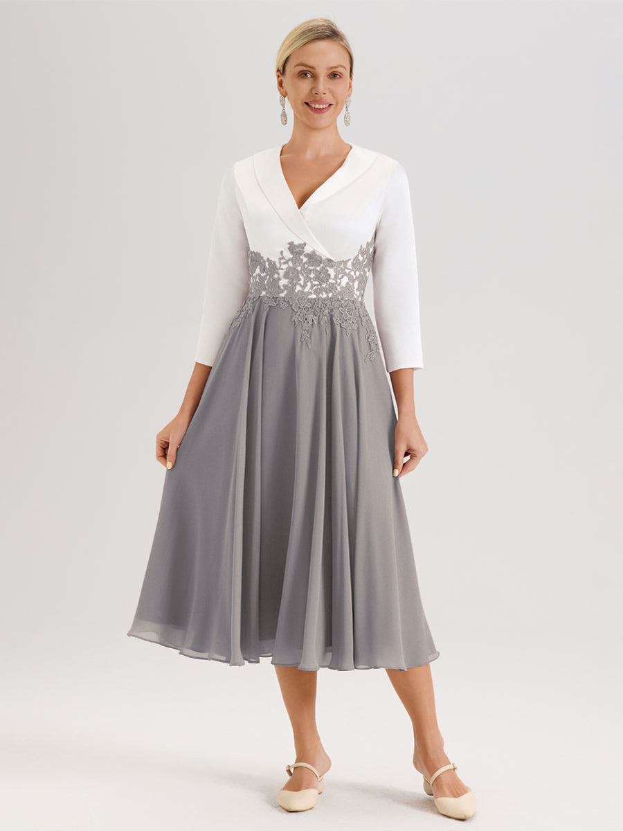 Cicinia Argent Robe De Mère De La Mariée Mi-Longue À Décolleté En V En Satin Mousseline Et Dentelle