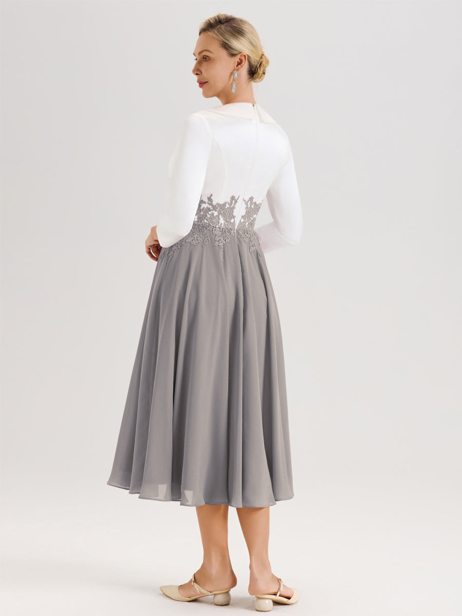 Cicinia Argent Robe De Mère De La Mariée Mi-Longue À Décolleté En V En Satin Mousseline Et Dentelle