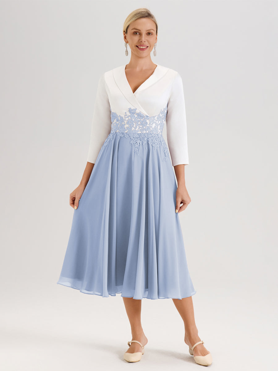 Cicinia Bleu Ciel Robe De Mère De La Mariée Mi-Longue À Décolleté En V En Satin Mousseline Et Dentelle