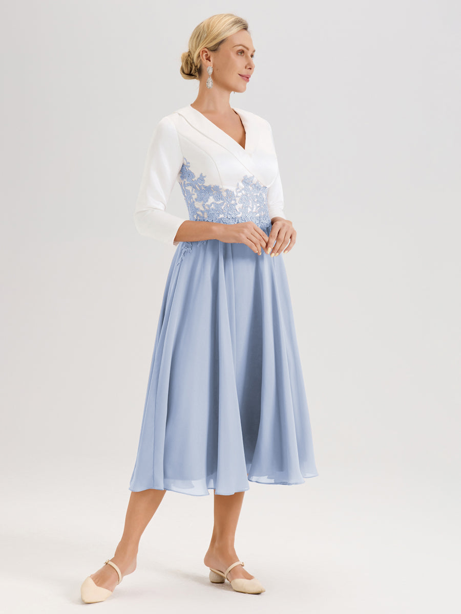 Cicinia Bleu Ciel Robe De Mère De La Mariée Mi-Longue À Décolleté En V En Satin Mousseline Et Dentelle